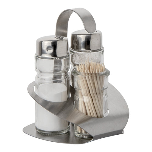 Glass Cruet Set with Stainless Steel Holder | ProSup | 3 Pieces | Salt, Pepper and Toothpick Holder | 9 x 8 x H12 cm 1
