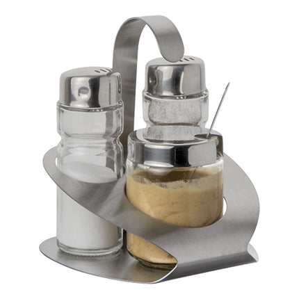 Glass Cruet Set with Stainless Steel Holder | ProSup | 3 Pieces | Salt, Pepper and Mustard Jar | 10 x 10 x H12 cm 1