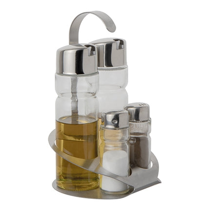 Glass Cruet Set with Stainless Steel Holder | ProSup | 4 Pieces | Salt, Pepper, Oil and Vinegar | 12 x 11 x H19 cm 1