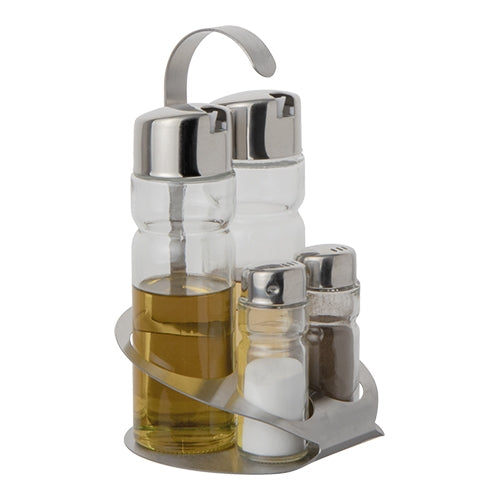 Glass Cruet Set with Stainless Steel Holder | ProSup | 4 Pieces | Salt, Pepper, Oil and Vinegar | 12 x 11 x H19 cm 1