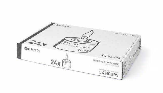 Tekoče gorivo s stenjem, gori približno 6 ur | HENDI | Komplet 6 kosov | 100% dietilenglikol | Reciklirana pločevinka