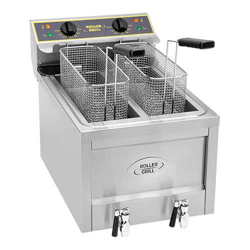 Electric Countertop Fryer 2 x 8 L Stainless Steel | Roller Grill | Cold Zone & Drain Valve | 2x 3000 W 1