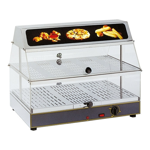 Heated Food Display Showcase with 2 Floors and Light Box | Roller Grill | Stainless Steel, 650 W, 20-90°C | 59 x 35 x H48 cm 1