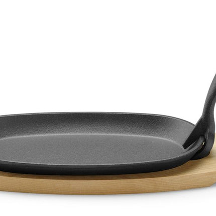 Cast Iron Platter with Wooden Underliner and Gripper | HENDI | Oval 280x140x30mm