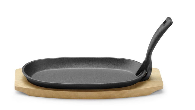 Cast Iron Platter with Wooden Underliner and Gripper | HENDI | Oval 280x140x30mm