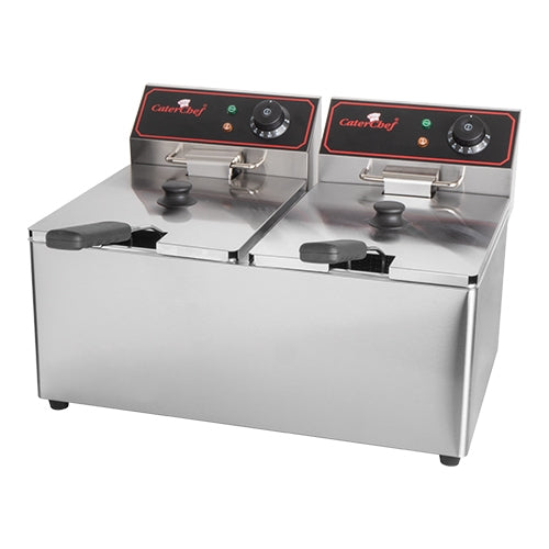 CaterChef Stainless Steel Countertop Electric Fryer with Cold Zone | 2 x 8 L | 2 x 3250 W 1