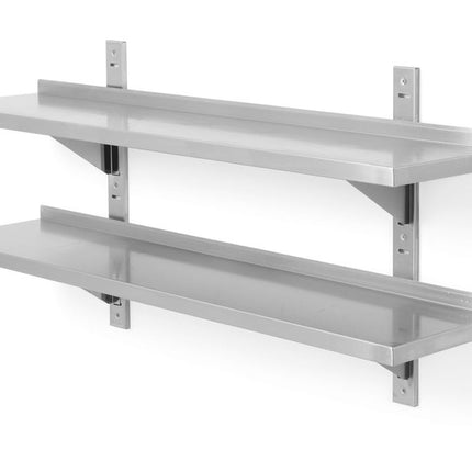 Double Wall Shelf Adjustable with Brackets | HENDI | 1200x300x600mm | Stainless Steel with Splashback