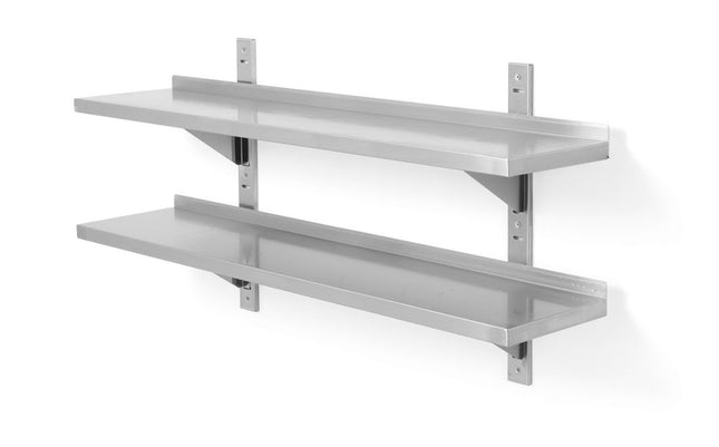 Double Wall Shelf Adjustable with Brackets | HENDI | 1200x300x600mm | Stainless Steel with Splashback
