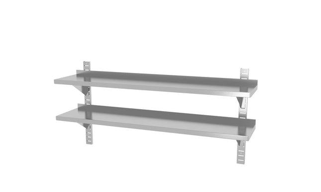Double Wall Shelf Adjustable with Brackets | HENDI | 1400x300x600mm | Stainless Steel with Splashback