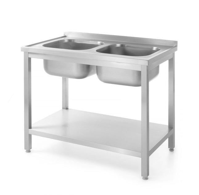 Table with 2 Sinks and Shelf – Bolted | HENDI Profi Line | 1000x700x850mm
