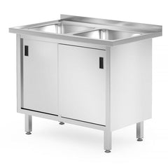 Table with 2 Sinks and Cabinet with Sliding Doors | HENDI Profi Line | 1000x600x850mm