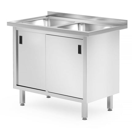 Table with 2 Sinks and Cabinet with Sliding Doors | HENDI Profi Line | 1000x600x850mm