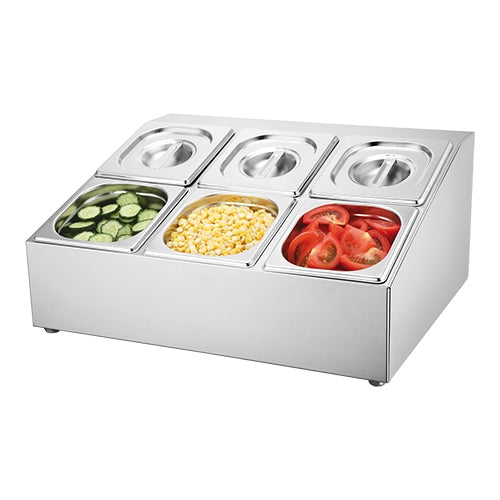 Stainless Steel Condiment Dispenser 6-Compartment GN 1/6 | Sunnex | With Containers and Lids | 51.5 x 42.5 x H23 cm 1