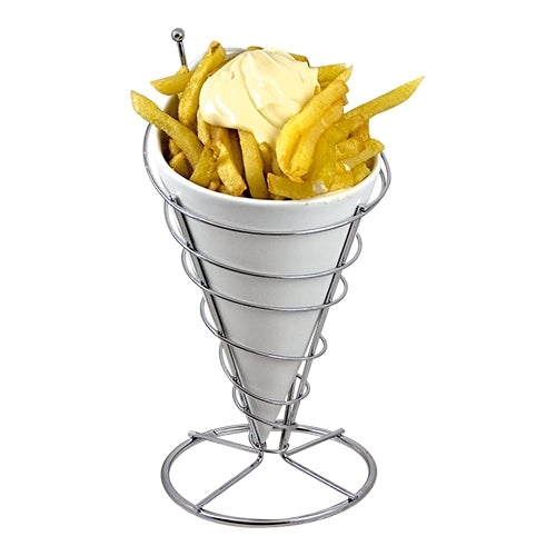 Porcelain French Fries Serving Dish with Chrome Stand | EMGA | White | Ø12 x H23 cm 1