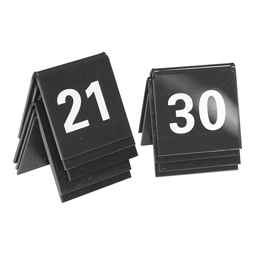 Table Numbers 21-30 | EMGA | Set of 10 | Black Polystyrene | Double-Sided | W4 x D3 x H3.5 cm 1