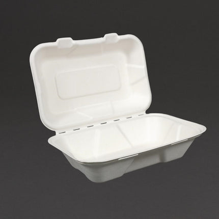 Compostable Bagasse Food Containers with Hinged Lid | Vegware | 22.8cm