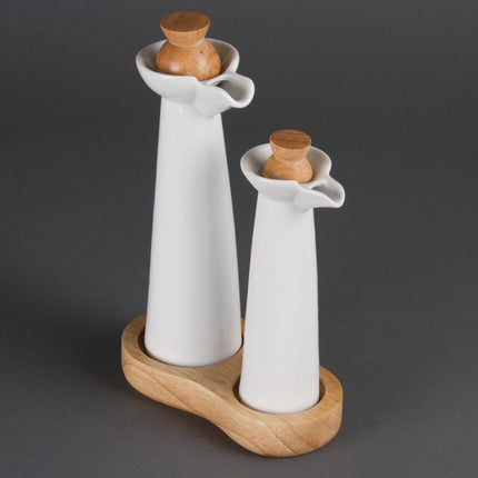 Whiteware Oil and Vinegar Set | Olympia | Wooden Tray and Stoppers 2