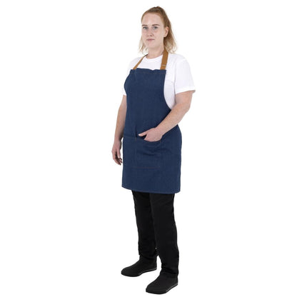 Southside Denim Blue Short Bistro Apron with Brown Straps 10