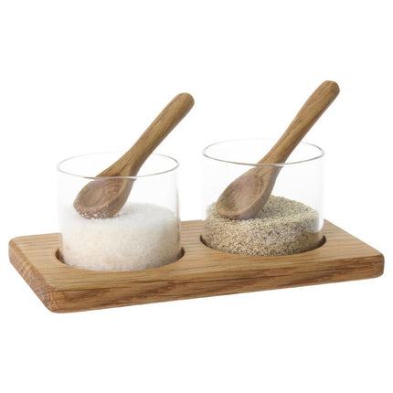 Salt and Pepper Set with Oak Holder and Glass Jars | Olympia