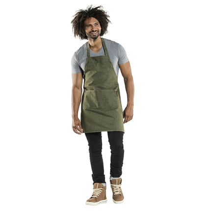 Chaud Devant Bib Apron | Green Denim | 67% Polyester, 33% Cotton | Size B70-L75 cm