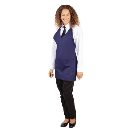 Polyester/Cotton V-Neck Waist Apron with Pocket | Whites | Dark Blue 2