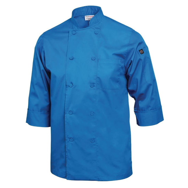 Unisex Blue Chef Jacket | Chef Works | M | Double-Breasted with 3/4 Sleeves | Polyester/Cotton Blend 2