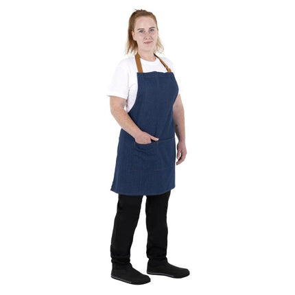 Southside Denim Blue Short Bistro Apron with Brown Straps 2