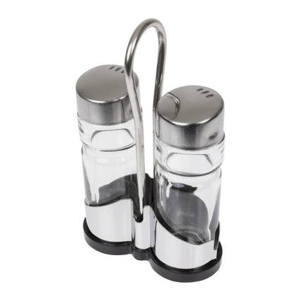 Stainless Steel Salt and Pepper Set with Holder and Glass Jars | APS 3