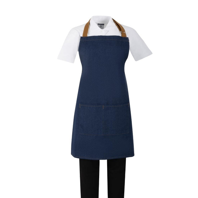 Southside Denim Blue Short Bistro Apron with Brown Straps