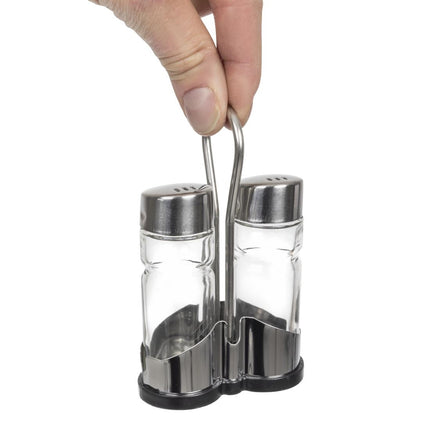Stainless Steel Salt and Pepper Set with Holder and Glass Jars | APS 5
