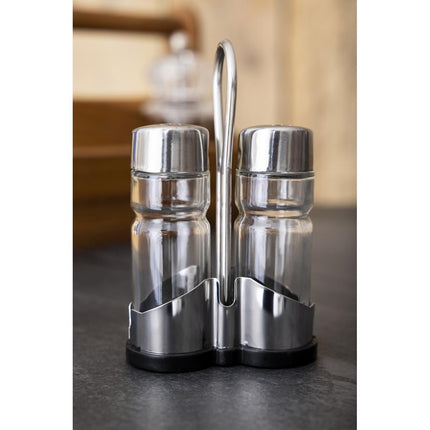 Stainless Steel Salt and Pepper Set with Holder and Glass Jars | APS 7