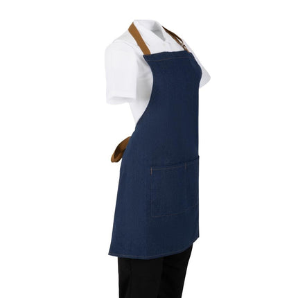 Southside Denim Blue Short Bistro Apron with Brown Straps 4
