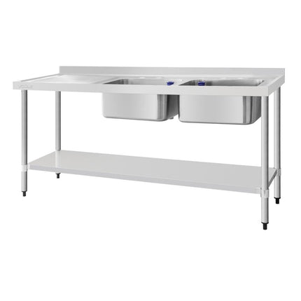Stainless Steel Double Sink Worktable with Draining Board Right | Vogue | 180x60cm