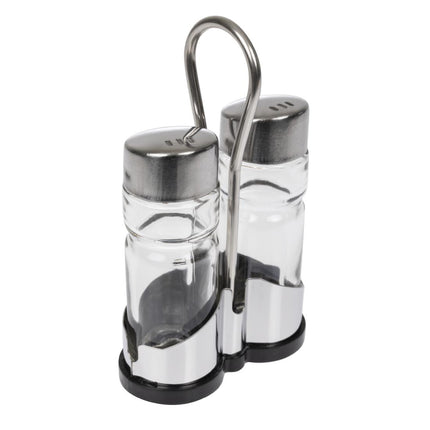 Stainless Steel Salt and Pepper Set with Holder and Glass Jars | APS 2