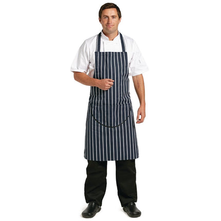 Striped Blue-White Polyester-Cotton Halter Apron with Pocket | Whites 8