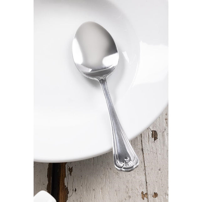 Dessert Spoons | Olympia Jesmond | 12 Pieces | Polished 18/0 Stainless Steel with Shell Pattern Handle 2