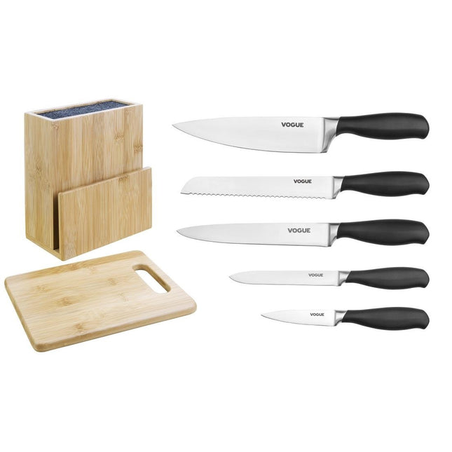 Vogue 5-Piece Soft-Grip Knife Set with Block and Cutting Board