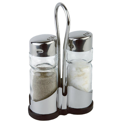 Stainless Steel Salt and Pepper Set with Holder and Glass Jars | APS 6