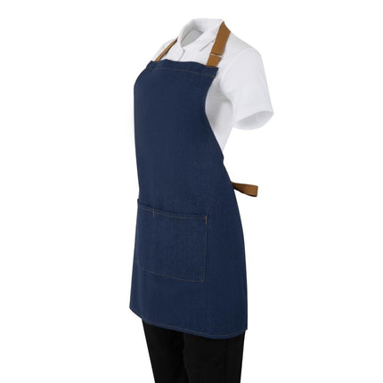 Southside Denim Blue Short Bistro Apron with Brown Straps 3