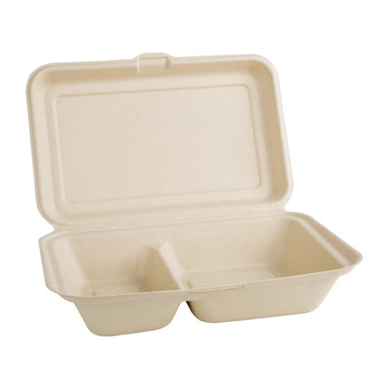 Compostable Bagasse Food Containers 2 Compartments 253mm Natural | Fiesta 2