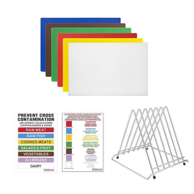 HDPE Cutting Board Set with Rack and HACCP Color Code Chart | Hygiplas | 6 Pieces