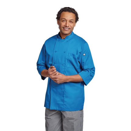 Unisex Blue Chef Jacket | Chef Works | M | Double-Breasted with 3/4 Sleeves | Polyester/Cotton Blend 4