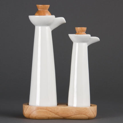 Whiteware Oil and Vinegar Set | Olympia | Wooden Tray and Stoppers 3