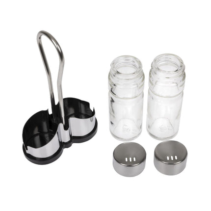 Stainless Steel Salt and Pepper Set with Holder and Glass Jars | APS 4