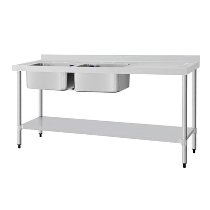 Stainless Steel Double Sink Worktable with Draining Board Left | Vogue | 180x60cm