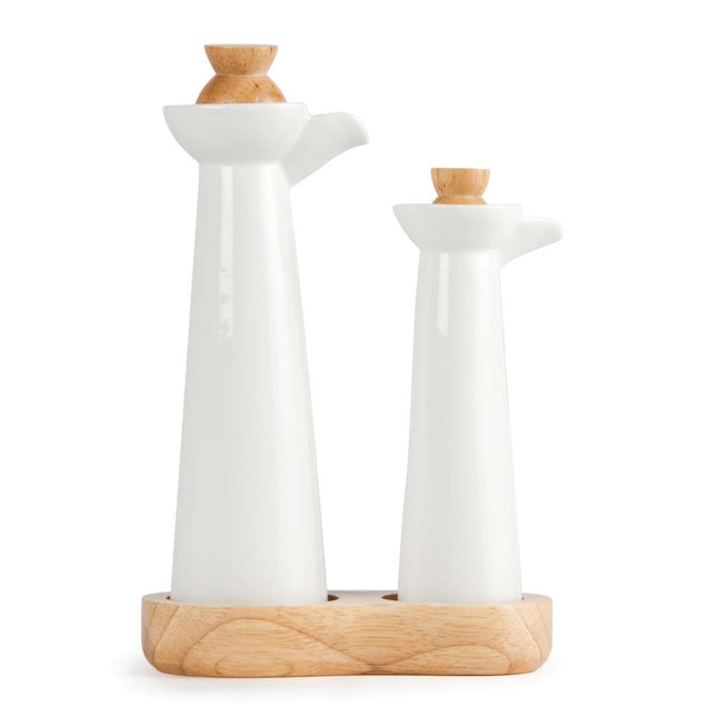 Whiteware Oil and Vinegar Set | Olympia | Wooden Tray and Stoppers