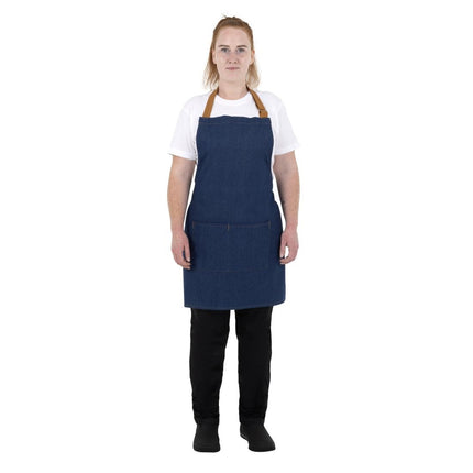 Southside Denim Blue Short Bistro Apron with Brown Straps 8