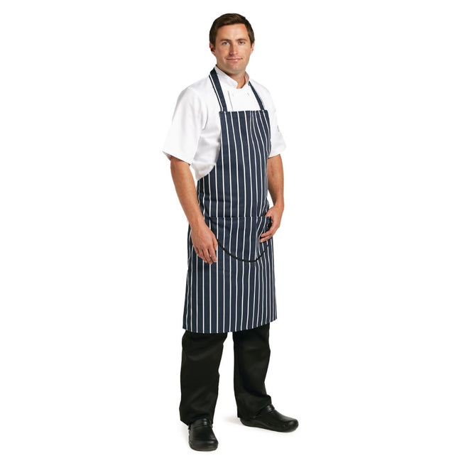 Striped Blue-White Polyester-Cotton Halter Apron with Pocket | Whites 2